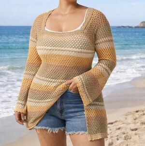 Forever 21 Boho Crochet Sweater Dress Juniors Size XL Bell Sleeve Open Knit Tan